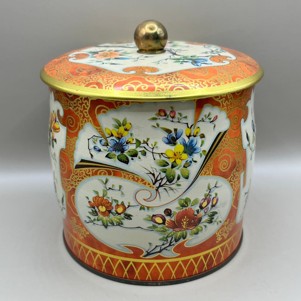 Vtg Daher England Floral Tin Canister Orange Gold Chinoiserie Metal Box 5.5"